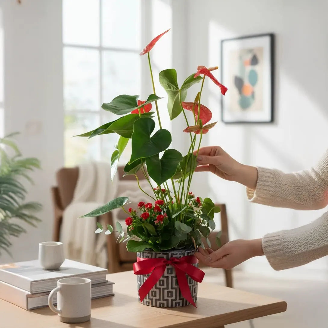 Kare Desenli Saksıda Antoryum ve Kırmızı Kalanchoe