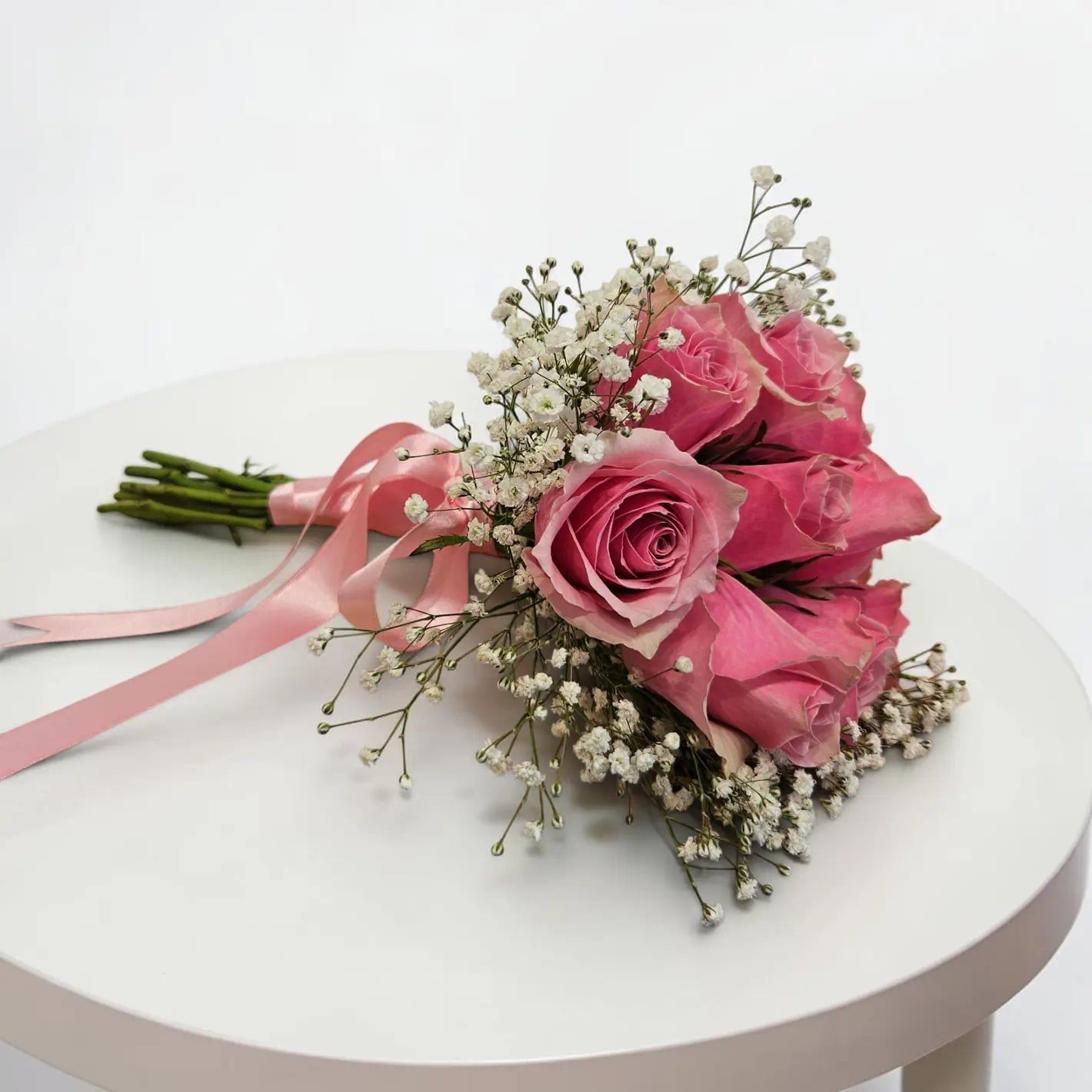 Pembe Gül ve Cipso Romantik Gelin Eli Buketi