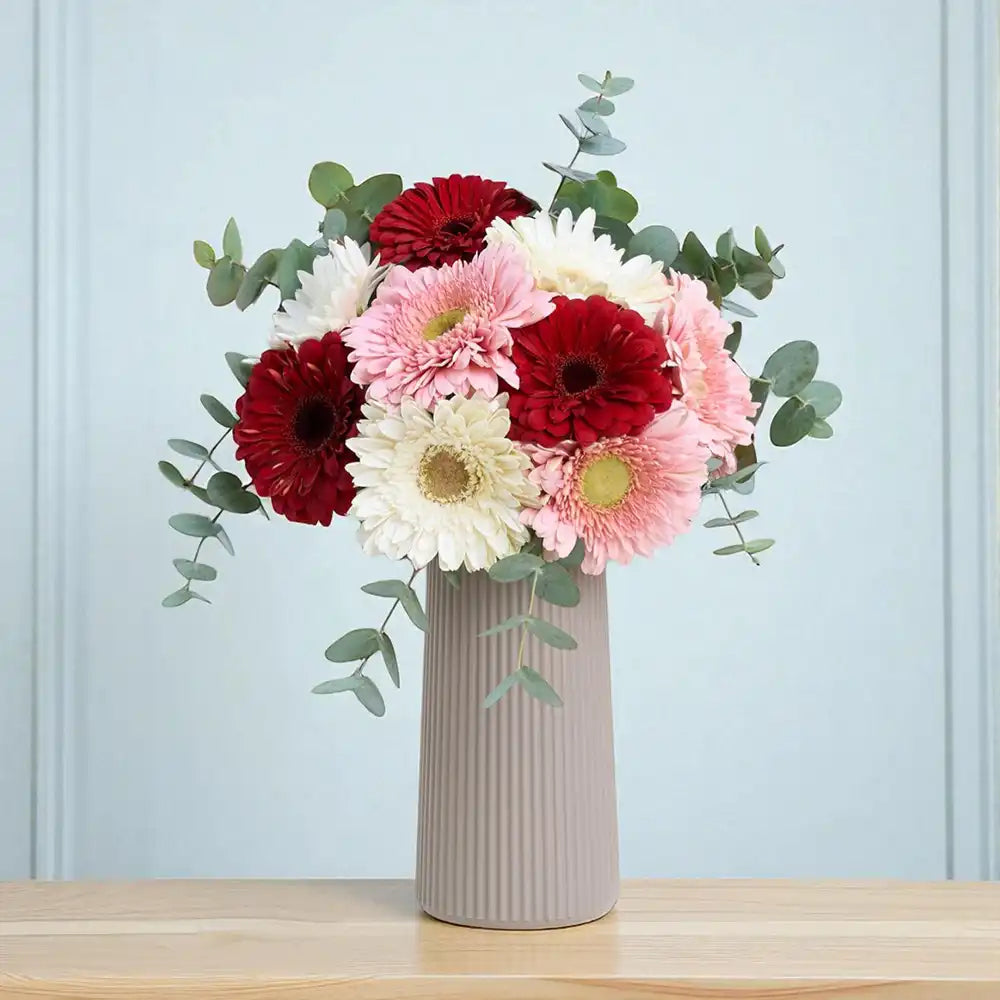 Bej Çizgili Vazoda Pembe & Beyaz & Kırmızı Gerbera